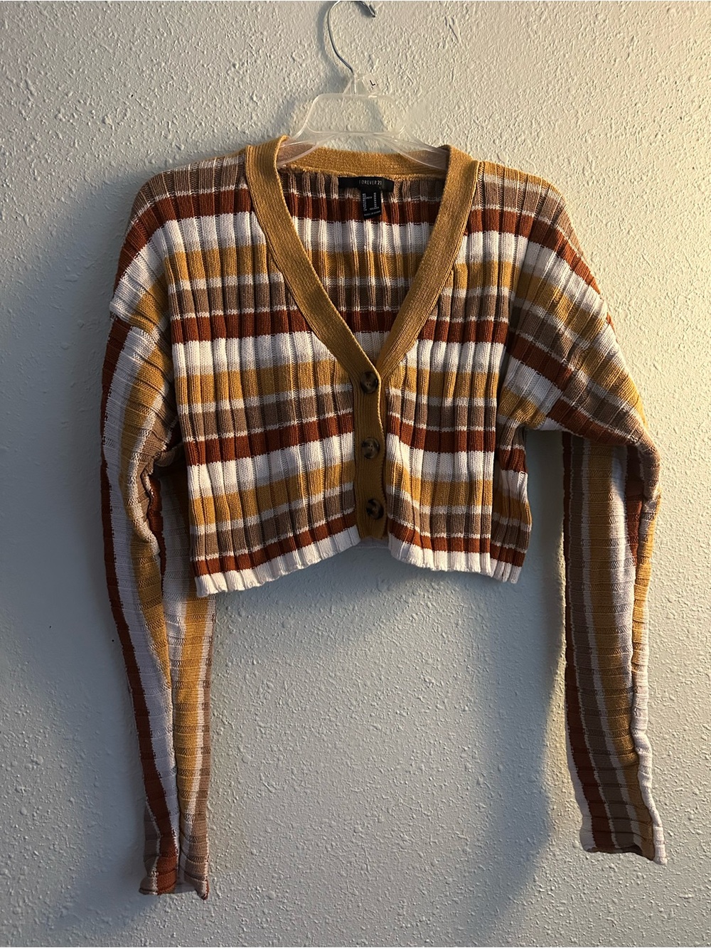 Forever 21 Cropped Ribbed Cardigan in Mustard, Rust & White